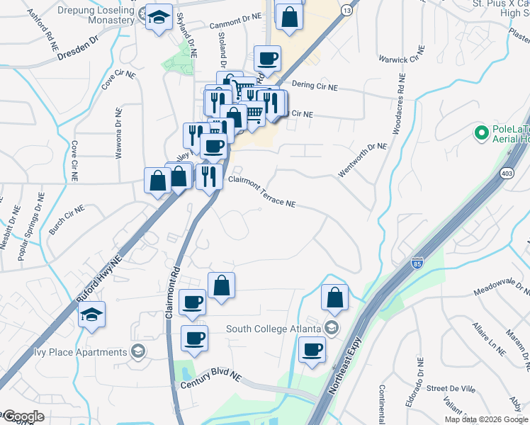 map of restaurants, bars, coffee shops, grocery stores, and more near 1956 Clairmont Terrace Northeast in Atlanta