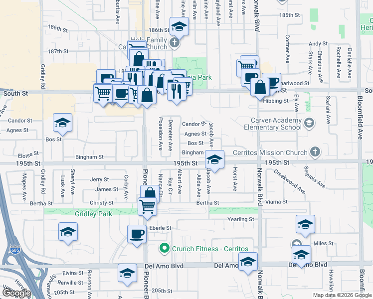map of restaurants, bars, coffee shops, grocery stores, and more near 11915 Bos Street in Artesia