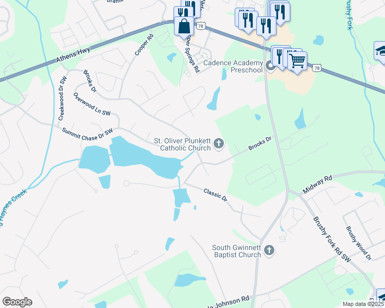 map of restaurants, bars, coffee shops, grocery stores, and more near 3157 Brooks Drive in Snellville