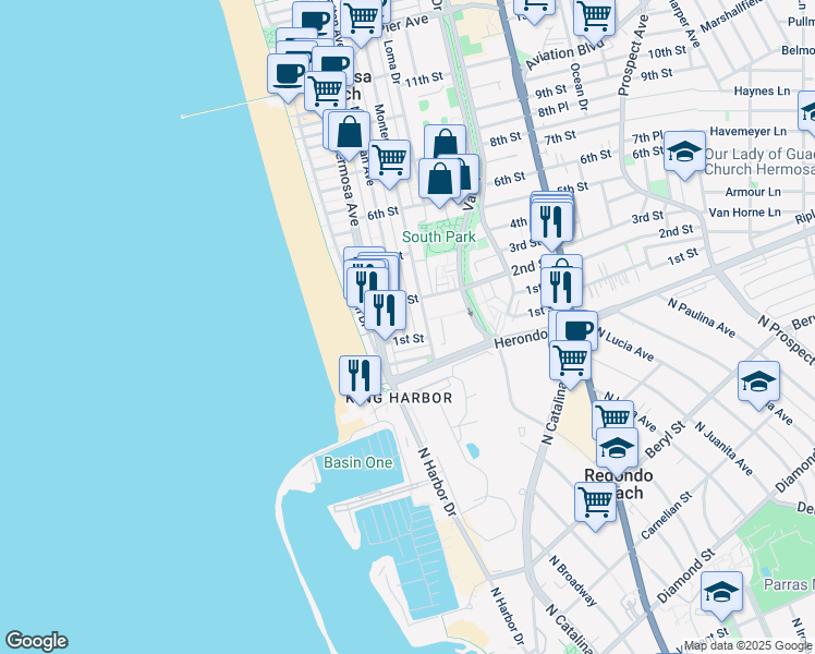 map of restaurants, bars, coffee shops, grocery stores, and more near 134 Manhattan Avenue in Hermosa Beach