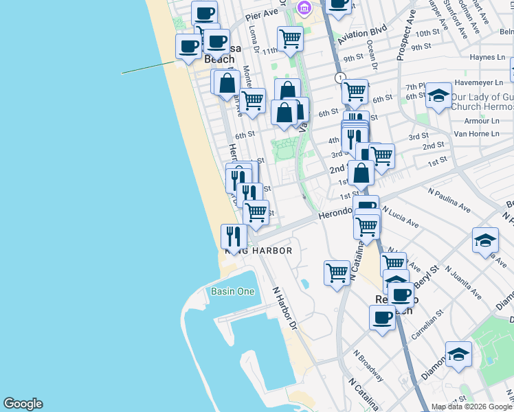 map of restaurants, bars, coffee shops, grocery stores, and more near 178 Bayview Drive in Hermosa Beach