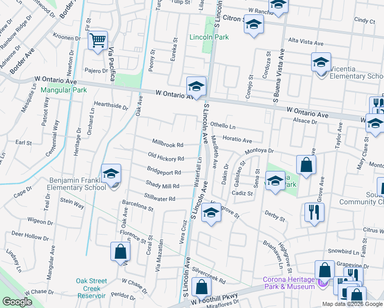 map of restaurants, bars, coffee shops, grocery stores, and more near 1117 Old Hickory Road in Corona