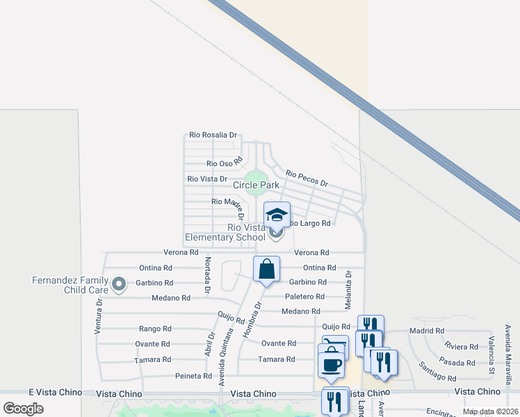 map of restaurants, bars, coffee shops, grocery stores, and more near 26696 Avenida Quintana in Cathedral City