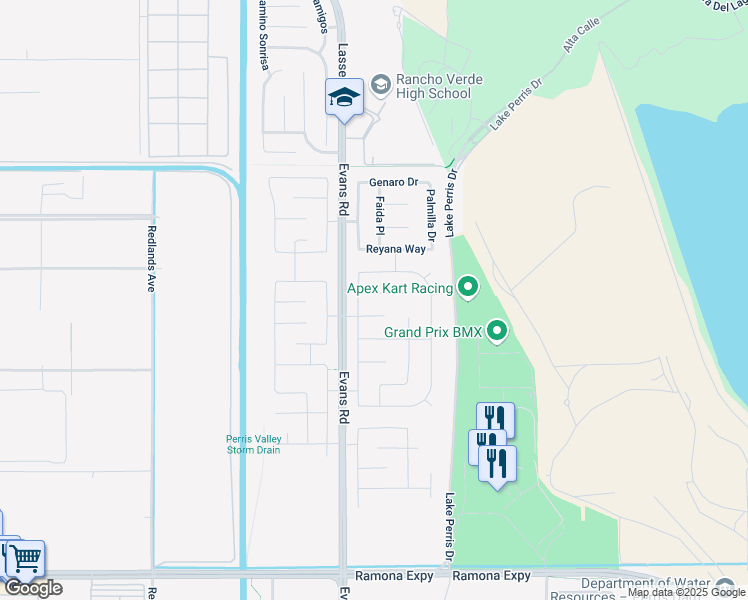 map of restaurants, bars, coffee shops, grocery stores, and more near 829 Volande Court in Perris
