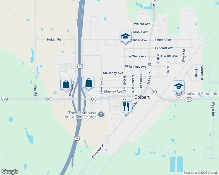 map of restaurants, bars, coffee shops, grocery stores, and more near 630 North Collins Street in Colbert