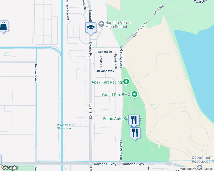 map of restaurants, bars, coffee shops, grocery stores, and more near 859 Volande Court in Perris