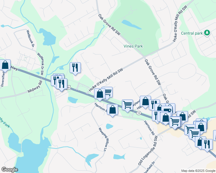 map of restaurants, bars, coffee shops, grocery stores, and more near 378 Sweet Ashley Way in Loganville