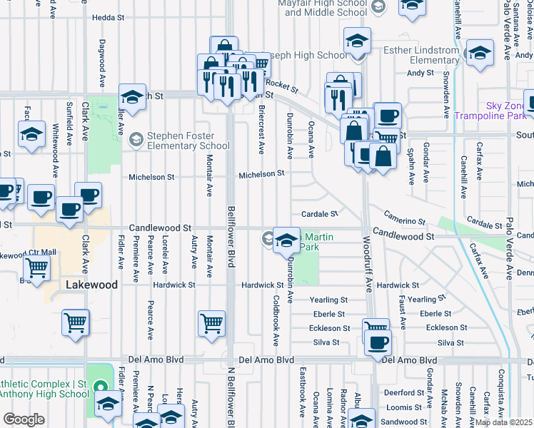 map of restaurants, bars, coffee shops, grocery stores, and more near 5322 Briercrest Avenue in Lakewood