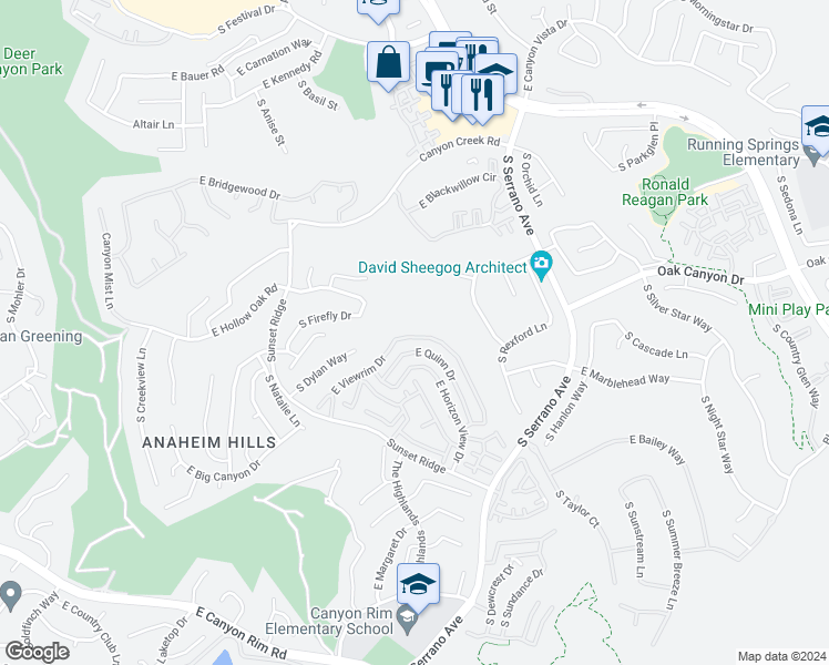 map of restaurants, bars, coffee shops, grocery stores, and more near 7839 East Viewrim Drive in Anaheim