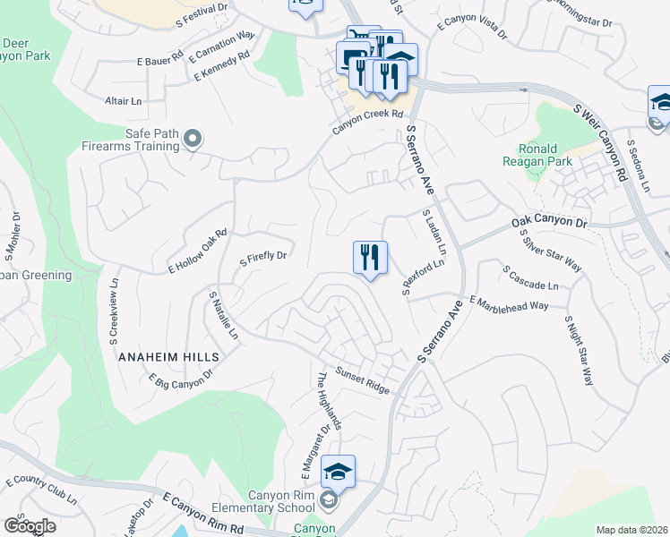 map of restaurants, bars, coffee shops, grocery stores, and more near 7839 East Viewrim Drive in Anaheim