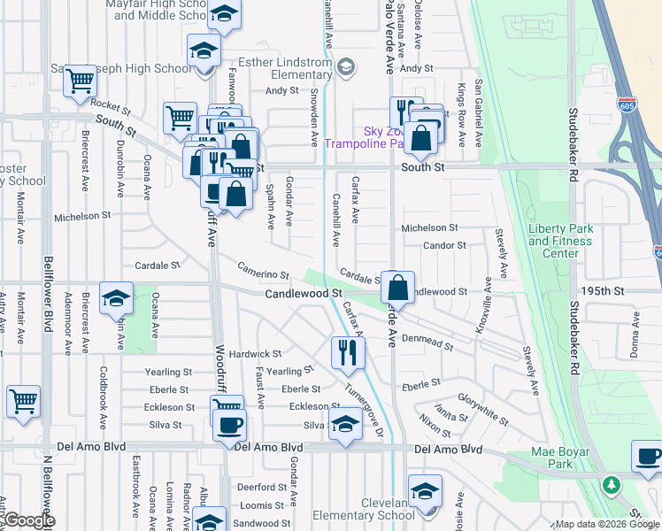map of restaurants, bars, coffee shops, grocery stores, and more near 5337 Canehill Avenue in Lakewood