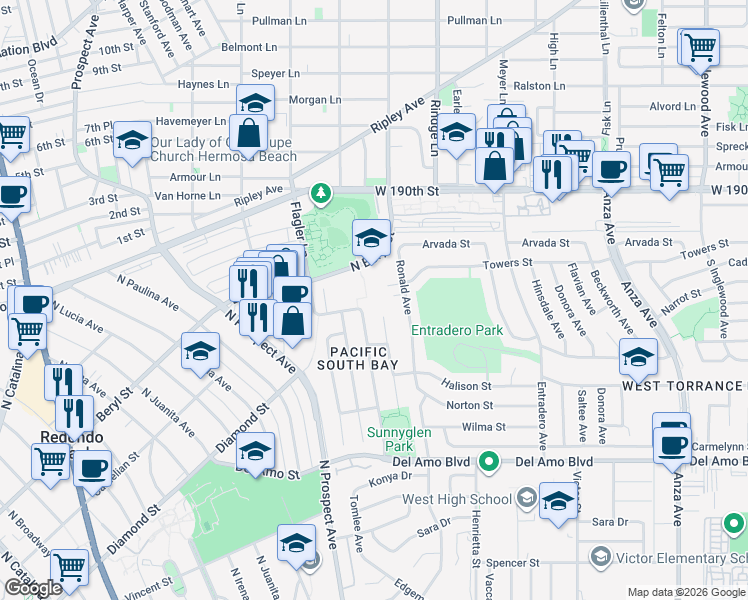 map of restaurants, bars, coffee shops, grocery stores, and more near 5600 Towers Street in Torrance