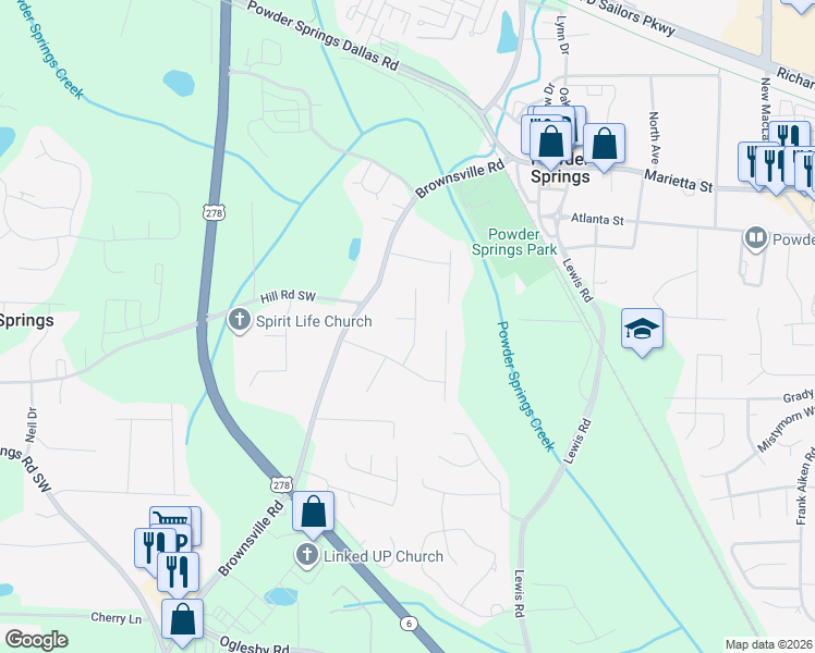 map of restaurants, bars, coffee shops, grocery stores, and more near 4044 Woodbridge Court in Powder Springs
