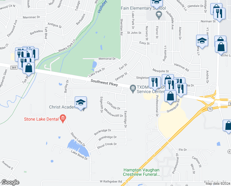 map of restaurants, bars, coffee shops, grocery stores, and more near 5012 Edgecliff Drive in Wichita Falls