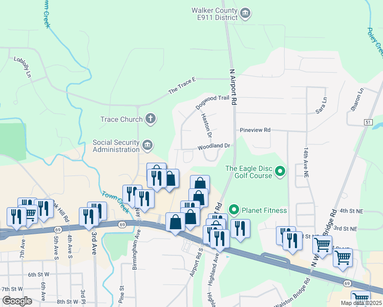 map of restaurants, bars, coffee shops, grocery stores, and more near 600 Woodland Drive in Jasper