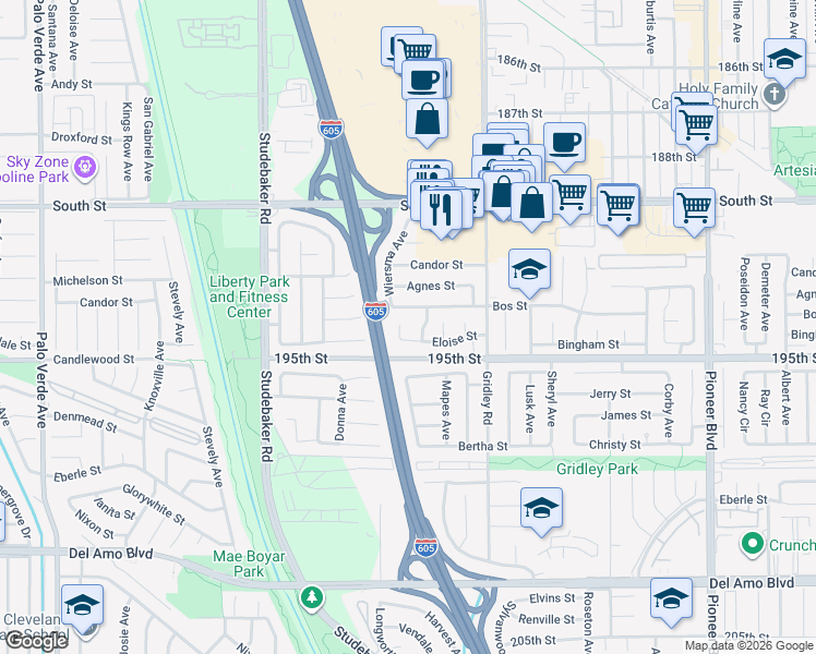 map of restaurants, bars, coffee shops, grocery stores, and more near 19406 Elmira Court in Cerritos