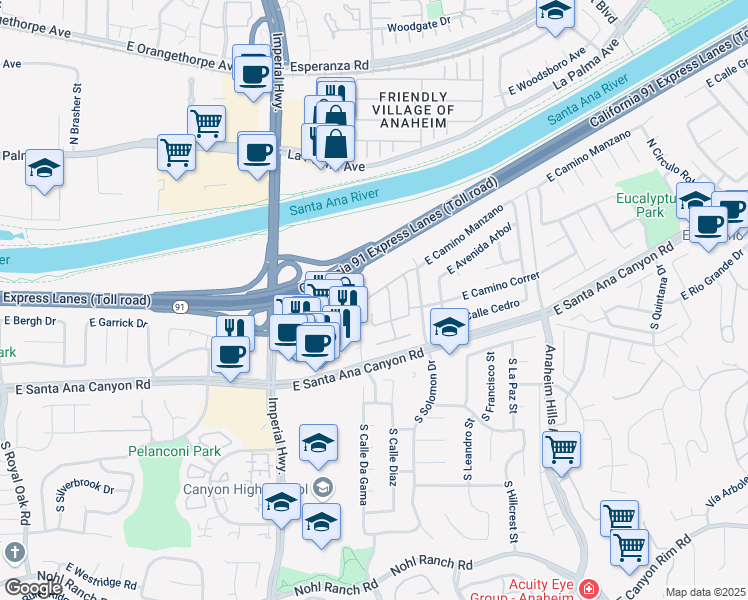 map of restaurants, bars, coffee shops, grocery stores, and more near 5834 East Camino Manzano in Anaheim