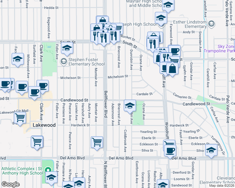 map of restaurants, bars, coffee shops, grocery stores, and more near 5323 Briercrest Avenue in Lakewood
