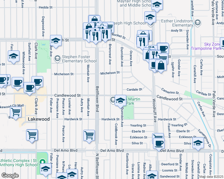 map of restaurants, bars, coffee shops, grocery stores, and more near 5322 Briercrest Avenue in Lakewood