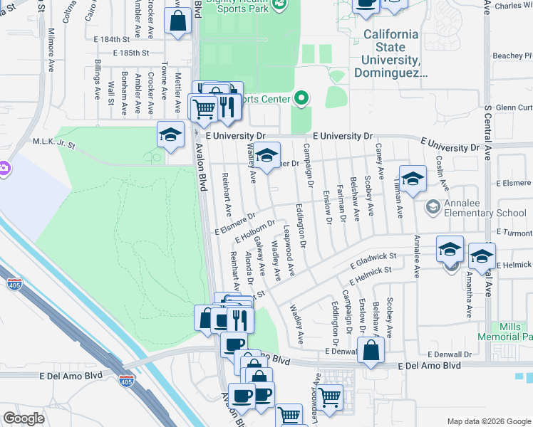 map of restaurants, bars, coffee shops, grocery stores, and more near 734 East Elsmere Drive in Carson