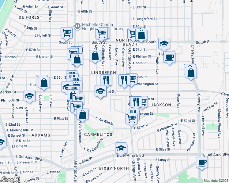 map of restaurants, bars, coffee shops, grocery stores, and more near 1065 East Market Street in Long Beach