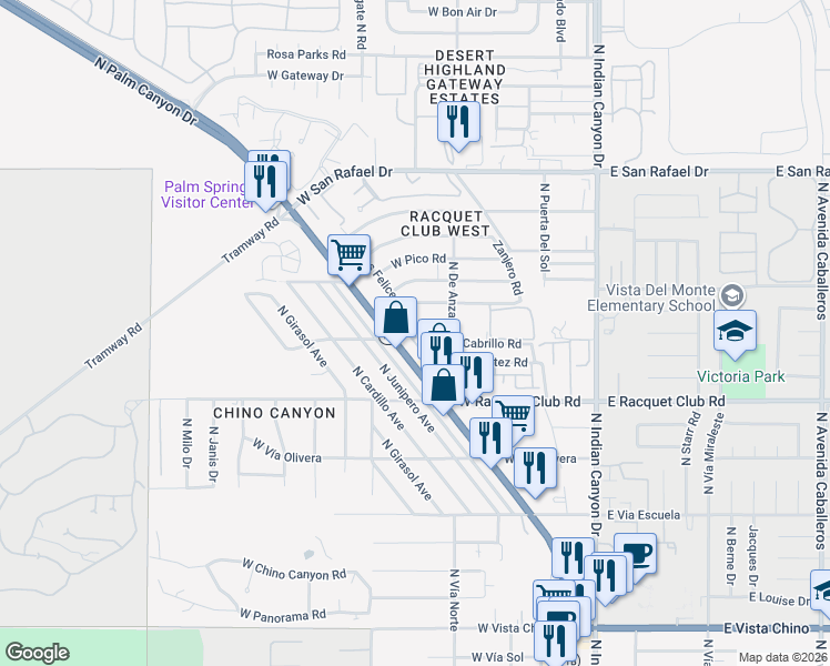 map of restaurants, bars, coffee shops, grocery stores, and more near 504 Paragon Loop in Palm Springs