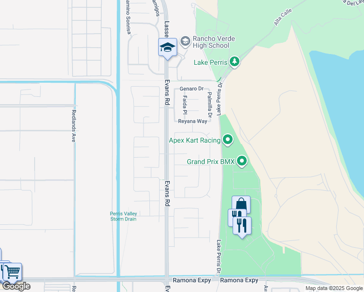 map of restaurants, bars, coffee shops, grocery stores, and more near 829 Volande Court in Perris