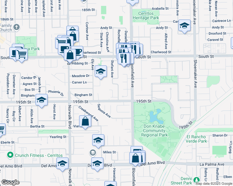 map of restaurants, bars, coffee shops, grocery stores, and more near 12527 Pacino Street in Cerritos