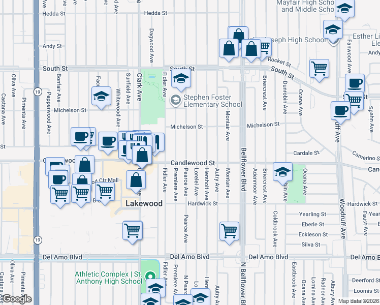 map of restaurants, bars, coffee shops, grocery stores, and more near 5322 Pearce Avenue in Lakewood