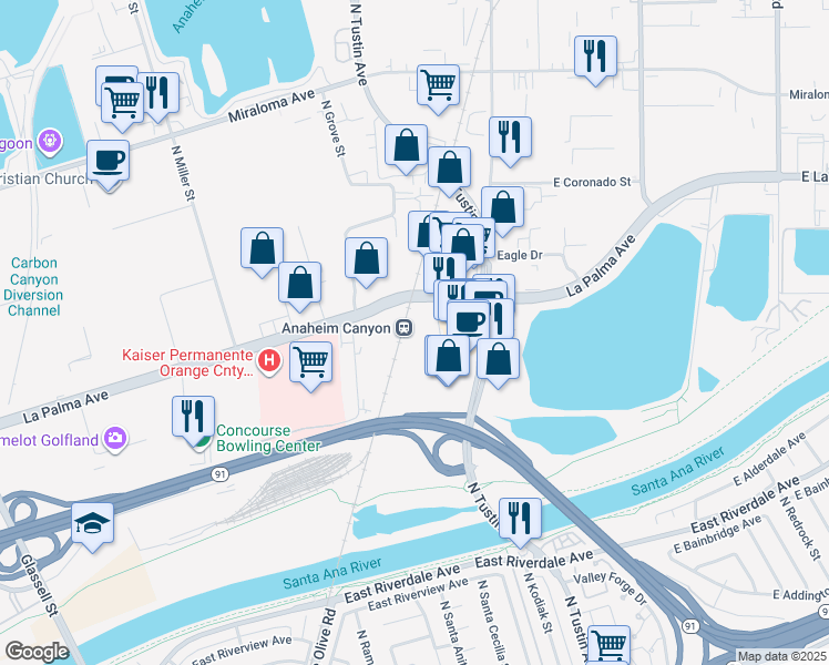 map of restaurants, bars, coffee shops, grocery stores, and more near in Anaheim