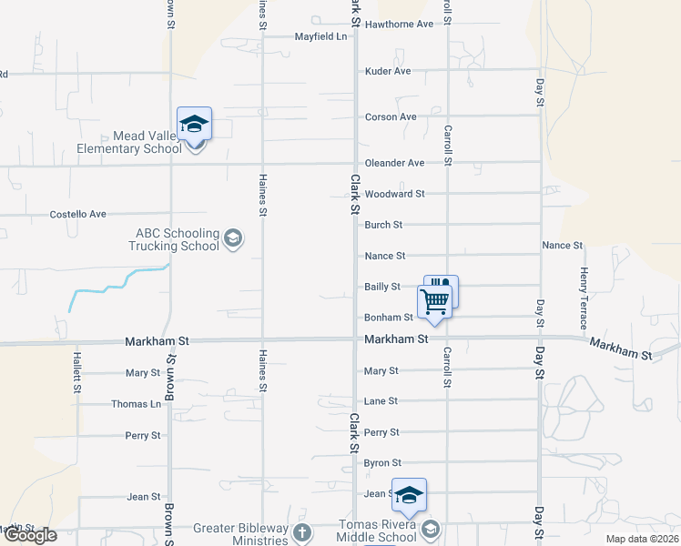 map of restaurants, bars, coffee shops, grocery stores, and more near 18281 Clark Street in Perris