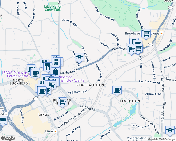 map of restaurants, bars, coffee shops, grocery stores, and more near 3703 Peachtree Road Northeast in Atlanta