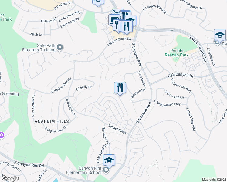 map of restaurants, bars, coffee shops, grocery stores, and more near 7863 East Viewrim Drive in Anaheim
