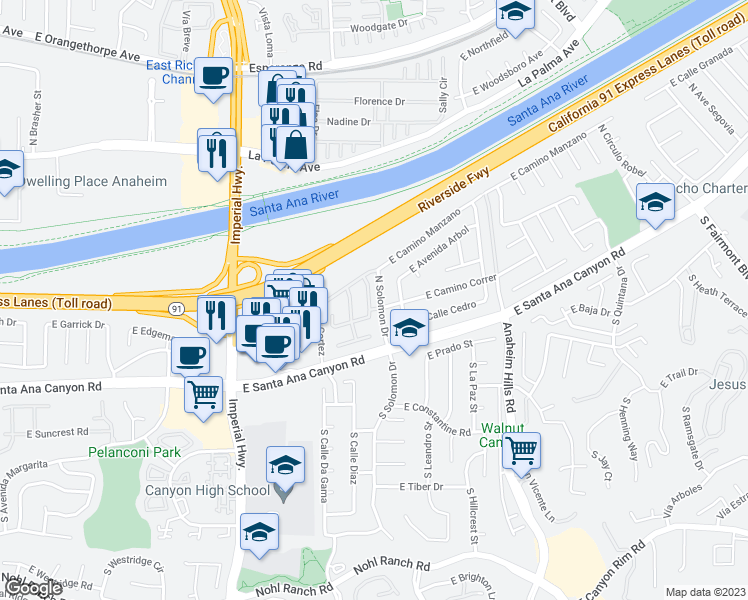 map of restaurants, bars, coffee shops, grocery stores, and more near 230 North Rose Blossom Lane in Anaheim