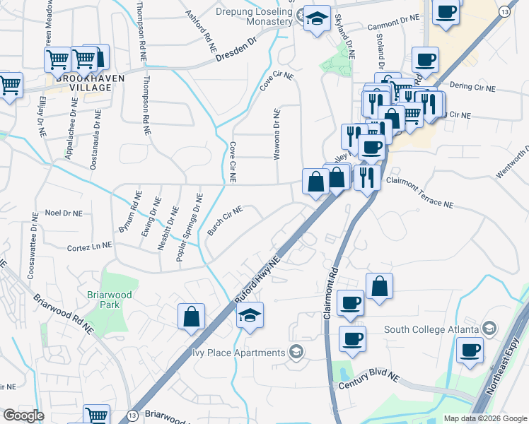 map of restaurants, bars, coffee shops, grocery stores, and more near 2394 Burch Circle Northeast in Atlanta
