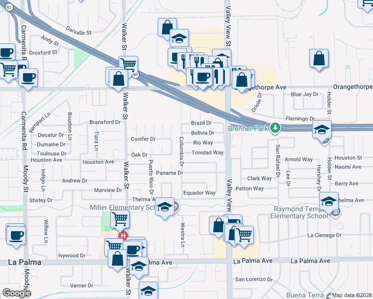 map of restaurants, bars, coffee shops, grocery stores, and more near 5785 Rio Way in Buena Park