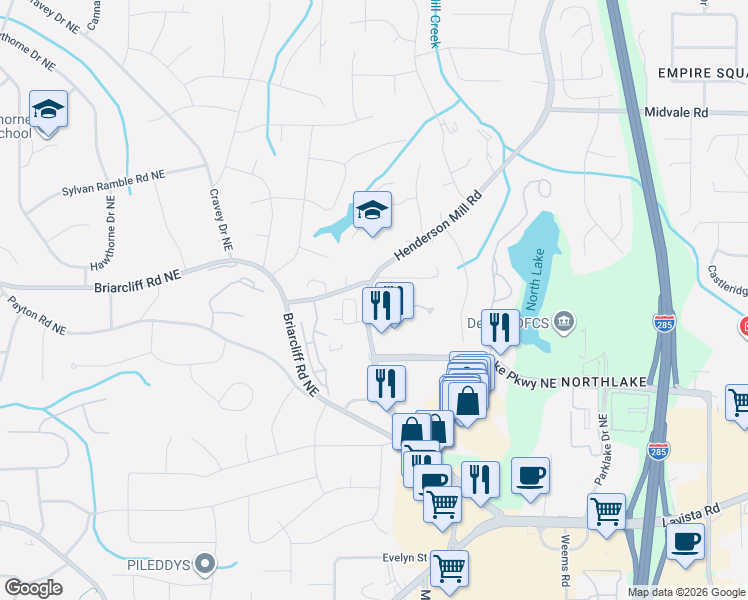 map of restaurants, bars, coffee shops, grocery stores, and more near 3153 Briarcliff Way Northeast in Atlanta