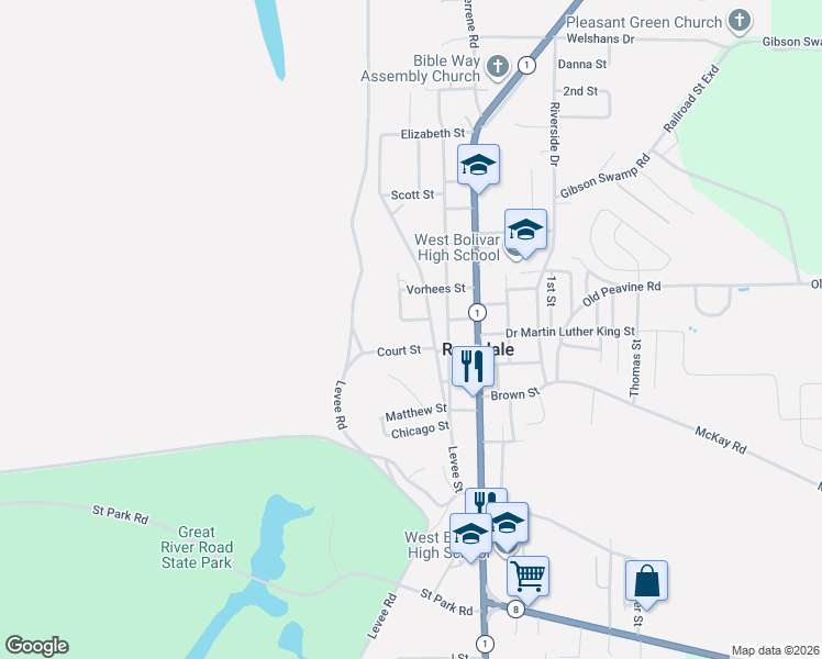 map of restaurants, bars, coffee shops, grocery stores, and more near 601-615 Fitzgerald Street in Rosedale