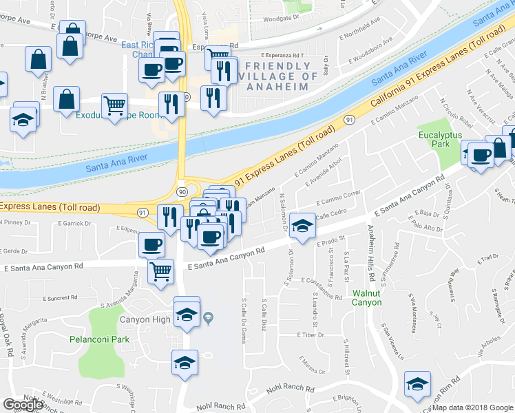 map of restaurants, bars, coffee shops, grocery stores, and more near Vía Arboles in Anaheim