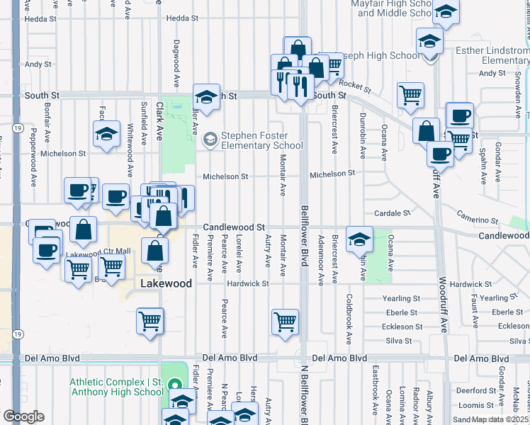 map of restaurants, bars, coffee shops, grocery stores, and more near 5325 Autry Avenue in Lakewood