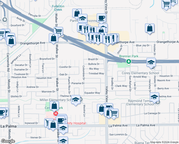 map of restaurants, bars, coffee shops, grocery stores, and more near 5805 Trinidad Way in Buena Park