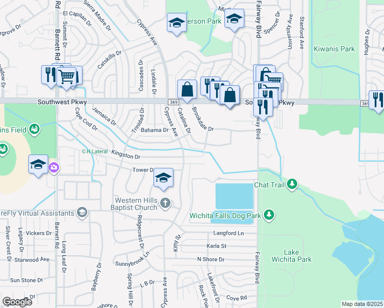 map of restaurants, bars, coffee shops, grocery stores, and more near 4806 Catalina Drive in Wichita Falls