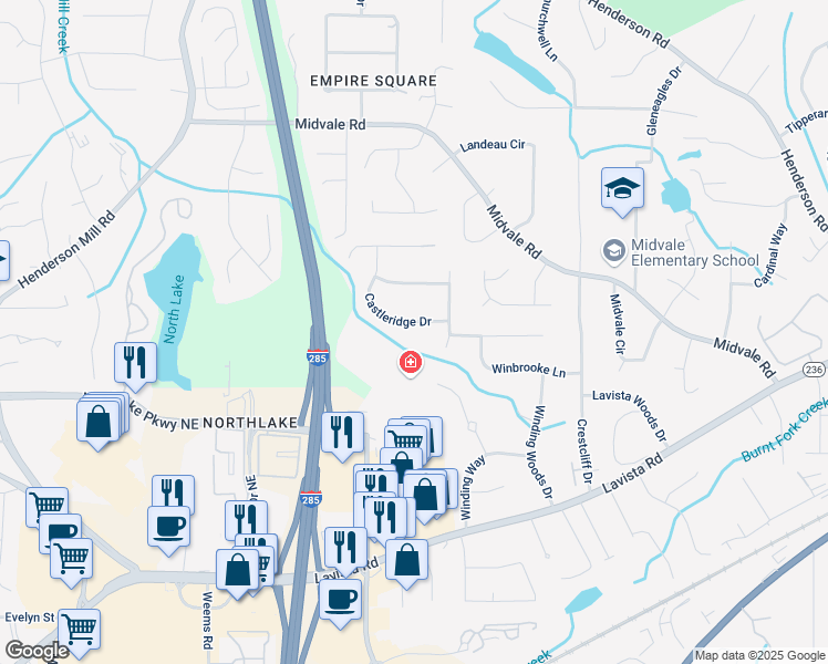 map of restaurants, bars, coffee shops, grocery stores, and more near 3563 Castleridge Drive in Tucker