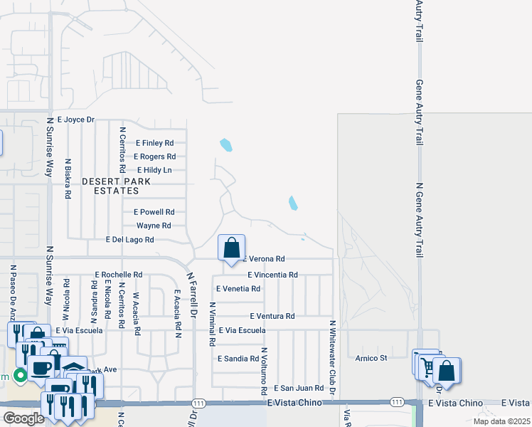 map of restaurants, bars, coffee shops, grocery stores, and more near 2530 North Whitewater Club Drive in Palm Springs