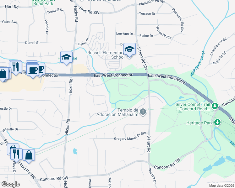 map of restaurants, bars, coffee shops, grocery stores, and more near 4090 Hill House Road Southwest in Smyrna