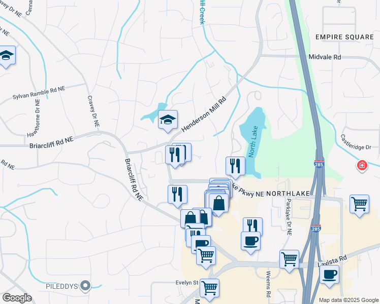 map of restaurants, bars, coffee shops, grocery stores, and more near 2361 Henderson Mill Road in Atlanta