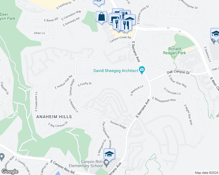 map of restaurants, bars, coffee shops, grocery stores, and more near 7811 East Viewrim Drive in Anaheim