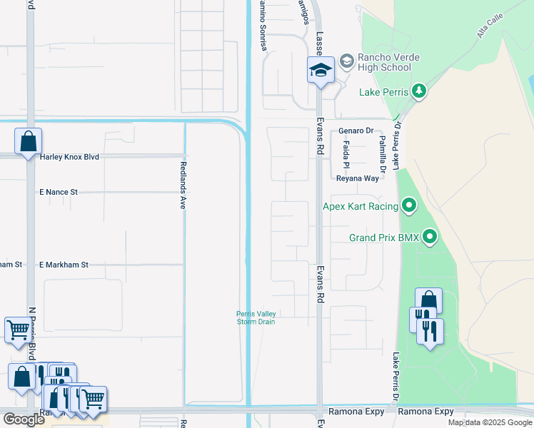 map of restaurants, bars, coffee shops, grocery stores, and more near 4774 Albatross Avenue in Perris