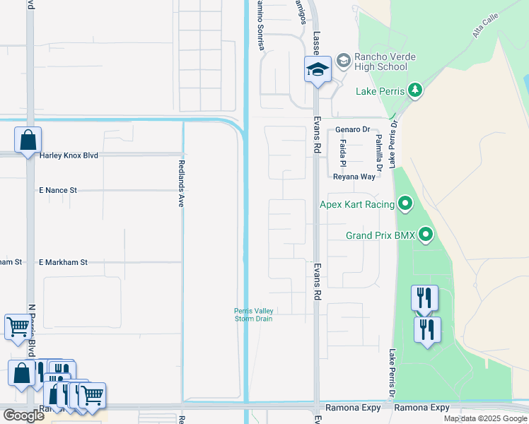 map of restaurants, bars, coffee shops, grocery stores, and more near 4774 Albatross Avenue in Perris