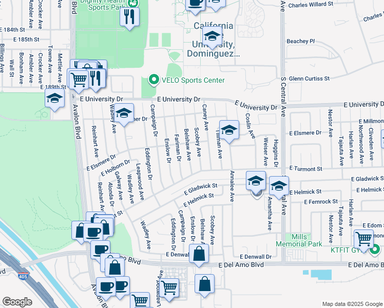 map of restaurants, bars, coffee shops, grocery stores, and more near 19426 Belshaw Avenue in Carson
